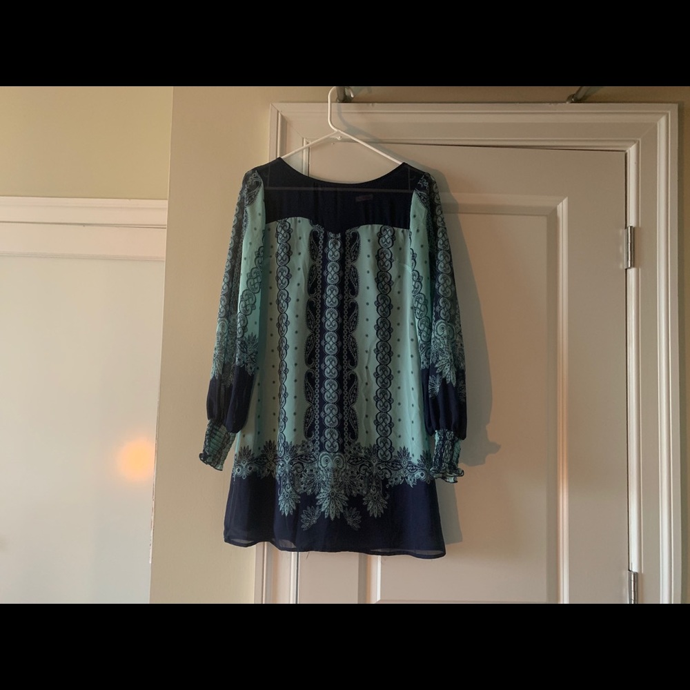 Boho Navy Teal Long Sleeve Dress